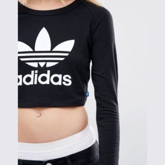 Adidas Women's Black White Long Sleeve Crew Neck Crop Top Size Large - Picture 2 of 12